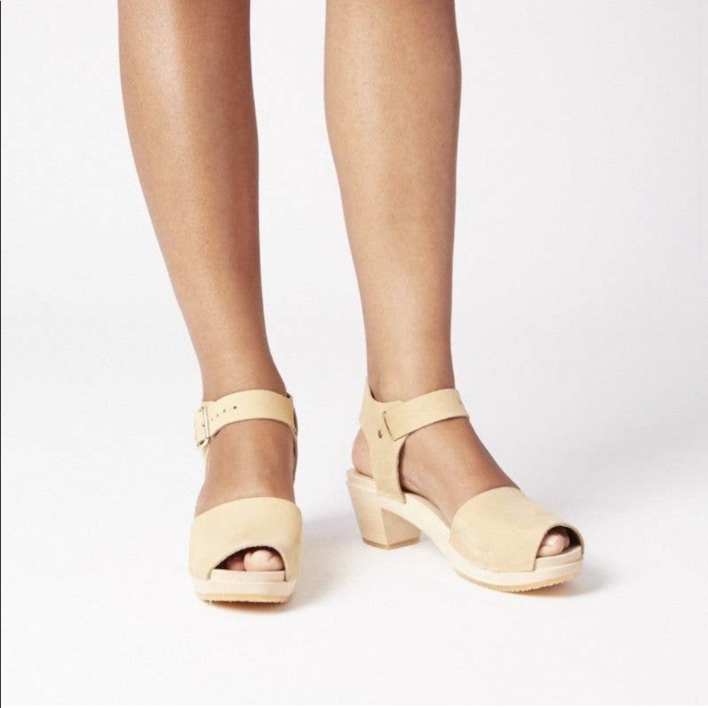 Bryr Beige Open-Toe Ankle Strap Clog Heels